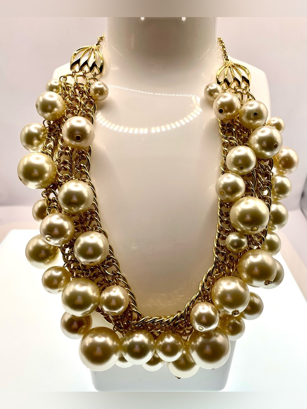 Vintage Scaasi Faux Pearl Statement Necklace Gold Tone Multi Strand Runway 1980s - Picture 5 of 11